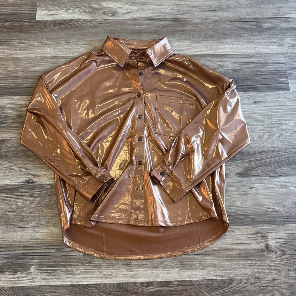 Jess Lea Metallic Bronze Button-Up Shirt Medium  Disco Glam Edgy Statement Top